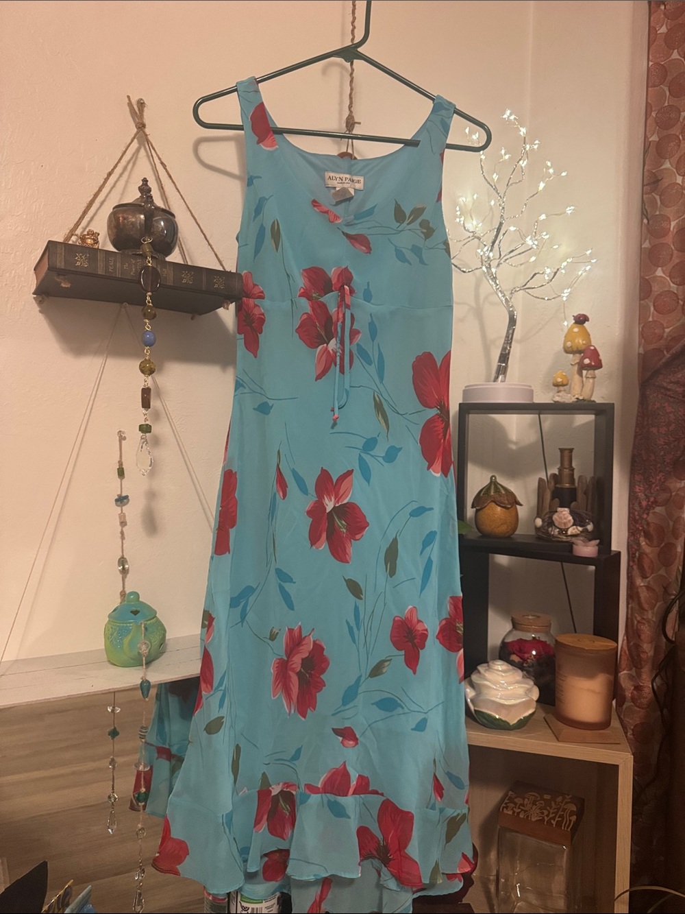 Alyn Paige Turquoise High-Low Maxi Dress with Red Floral Print